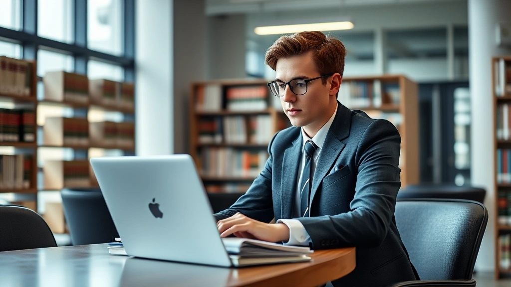 Professional law student studying at desk with law books and laptop in modern library setting, focused expression, natural lighting, contemporary legal education environment