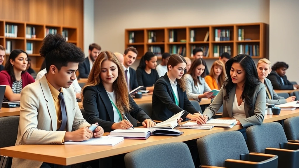 Diverse group of law students in classroom during lecture, taking notes, engaged in legal discussion, modern law school setting with contemporary furnishings