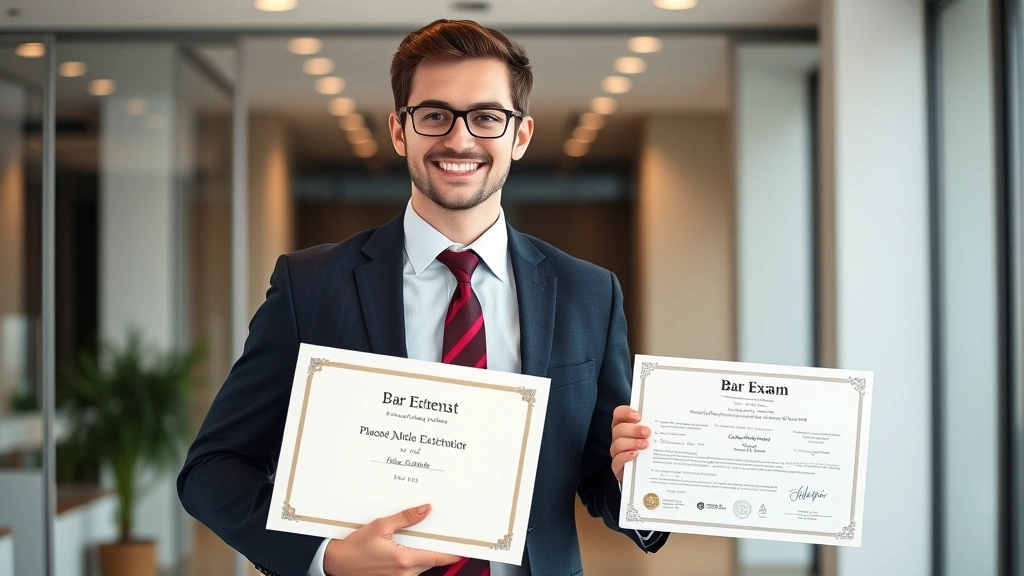 Confident young attorney in business suit holding diploma and bar exam certificate, professional headshot style, modern office background, proud achievement moment
