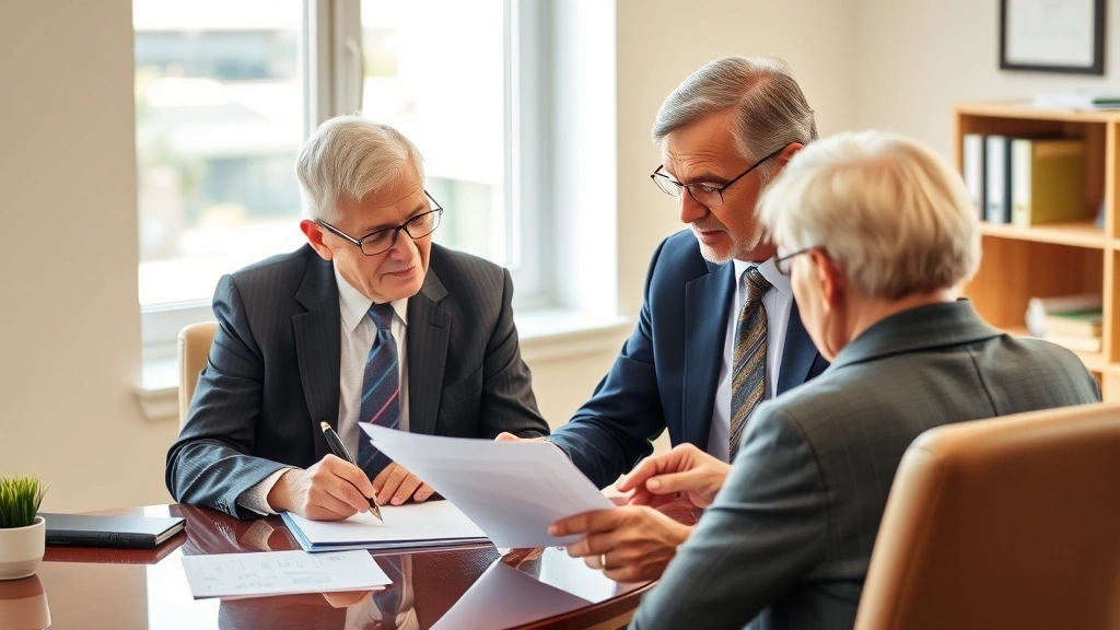 Professional elder law attorney in business attire reviewing documents at desk with older client sitting across, natural office lighting, both focused on paperwork, warm professional atmosphere