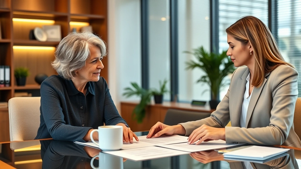 Mature woman and adult daughter meeting with female attorney in modern law office, reviewing planning documents together, coffee cups on desk, collaborative discussion moment