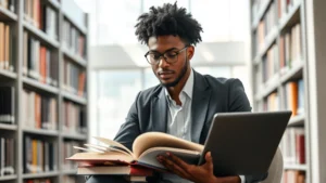 Professional diverse law student studying in modern library with textbooks and laptop, natural lighting, focused expression, contemporary academic setting
