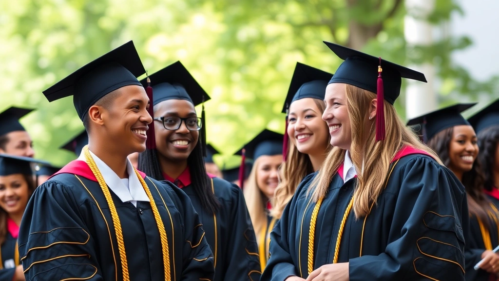 Graduation ceremony with law school graduates in academic regalia, diverse group celebrating achievement, outdoor campus setting, positive atmosphere
