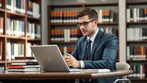 Professional law student studying at modern library desk with laptop and law books, natural lighting, focused expression, professional attire