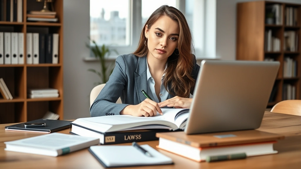 Professional young woman studying at desk with law textbooks and laptop, focused expression, natural lighting from window, modern home office setting