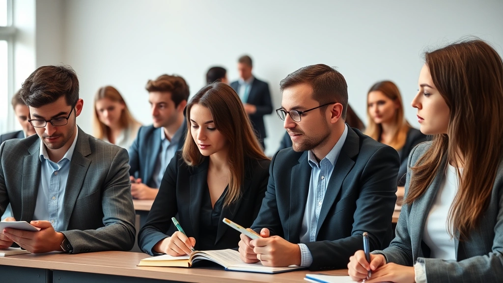 Diverse group of law students in classroom taking notes, professor teaching in background, engaged learning environment, professional academic atmosphere