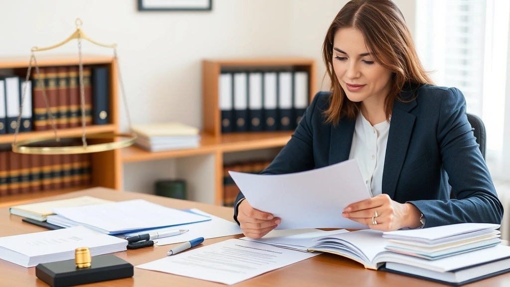 Confident professional in business attire reviewing documents at desk, organized workspace with legal materials, successful attorney or law student preparing applications