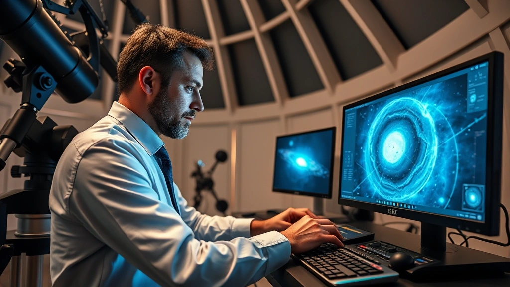 Professional astronomer using advanced telescope equipment in modern observatory, examining galaxy data on computer screens, focused expression, state-of-the-art scientific instruments visible
