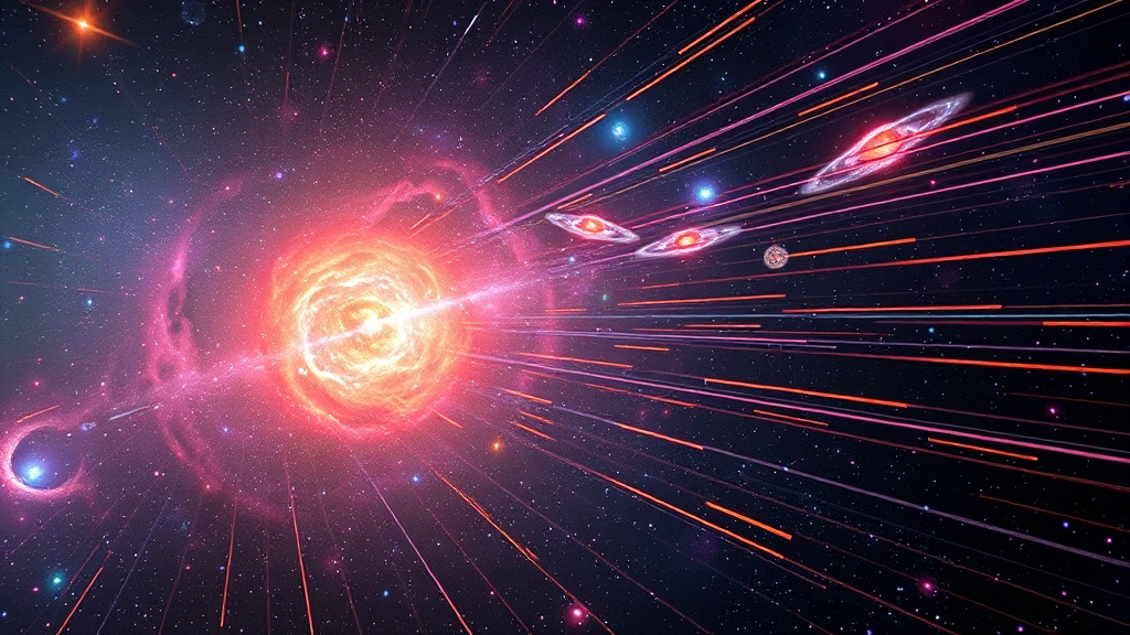 Colorful cosmic visualization showing distant galaxies with spectral redshift indicators, expanding universe representation with light trails showing recession velocities, abstract cosmological data display