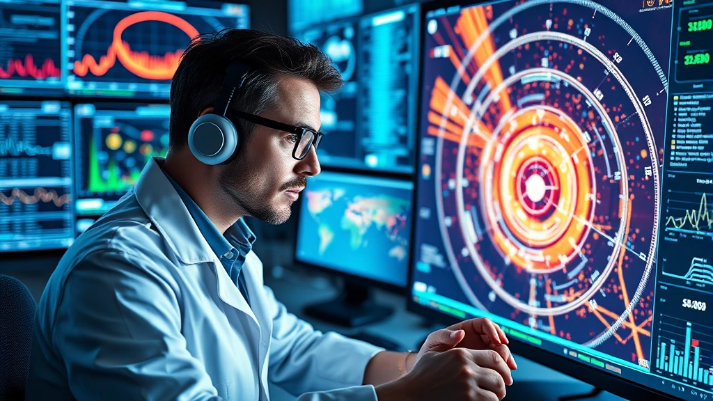 Research scientist analyzing spectroscopic measurements and cosmic distance calculations on holographic displays, multiple data visualizations surrounding workspace, concentrated professional demeanor