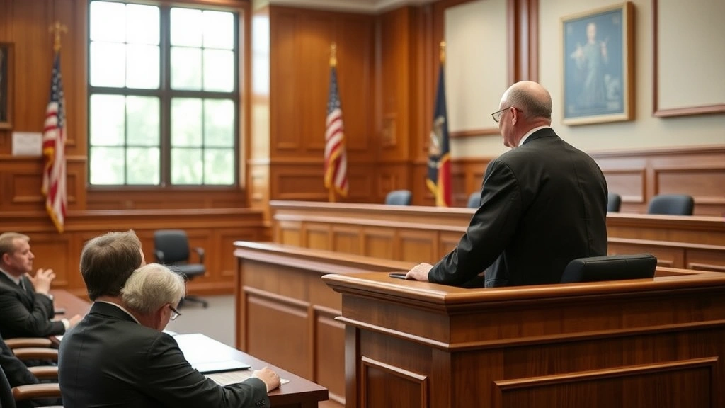 Professional courtroom setting with judge at bench during sentencing hearing, formal legal environment, natural lighting from windows, serious judicial atmosphere, no text visible