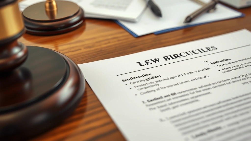 Close-up of legal documents and sentencing guidelines on wooden desk with pen, professional law office setting, organized papers, soft natural lighting, no visible text on documents