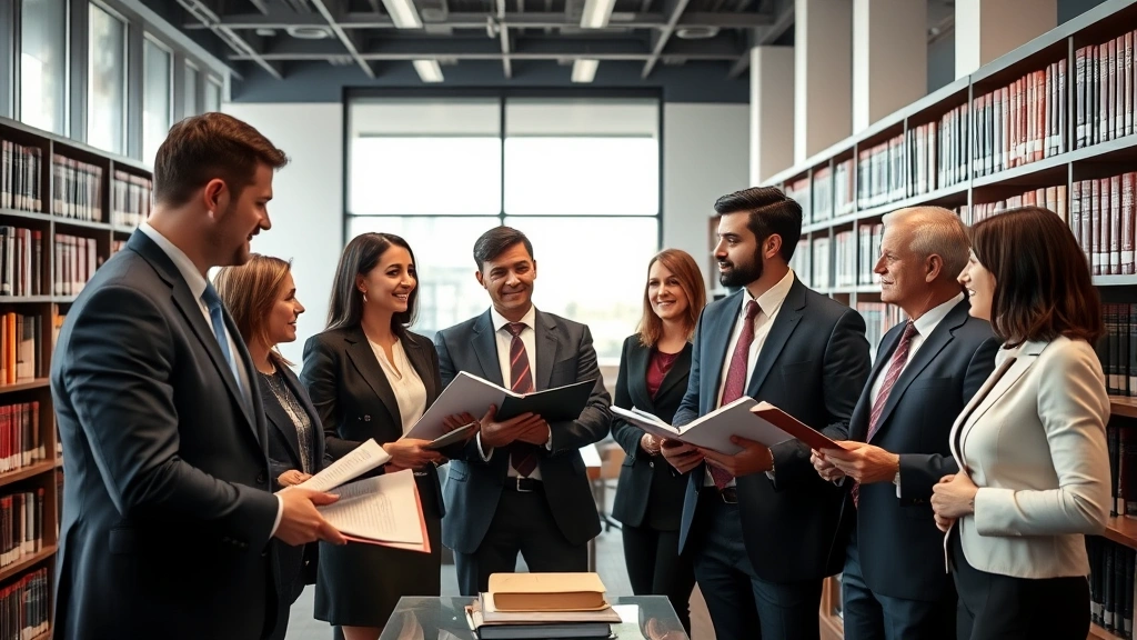 Diverse group of legal professionals in business attire discussing case files in modern law library with books, collaborative atmosphere, professional environment, no signage or readable text