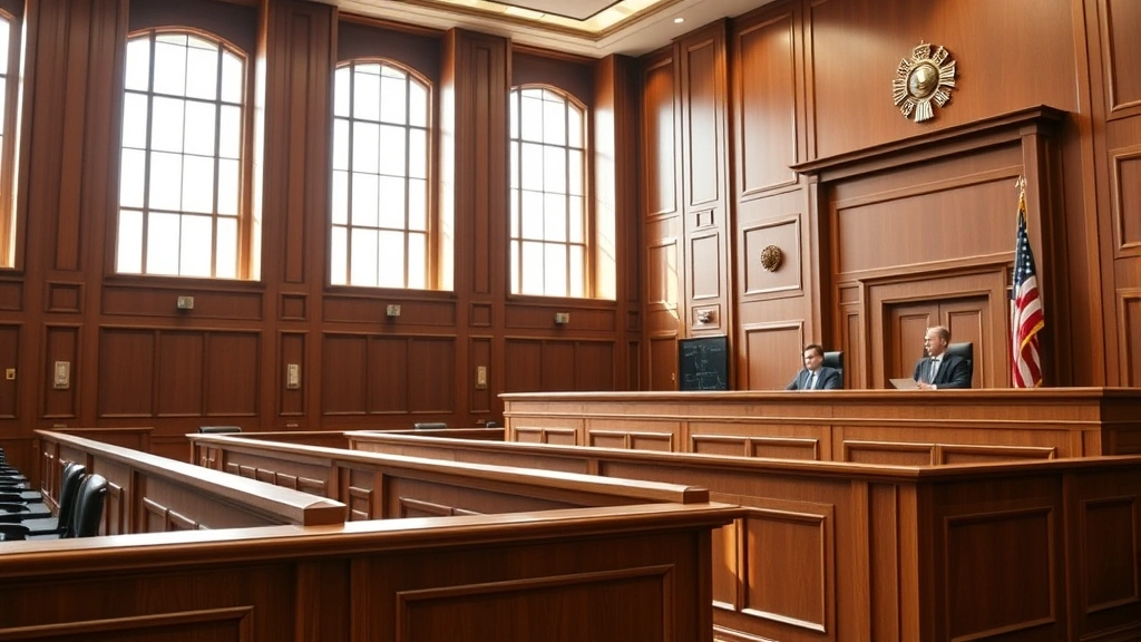 Professional appellate courtroom with mahogany paneling, three judges' bench, wooden railings, and formal legal atmosphere with natural lighting from tall windows