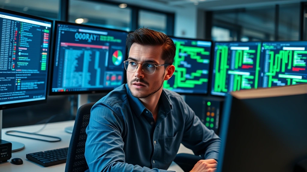 Professional cybersecurity analyst monitoring digital networks on multiple screens in modern office, focused expression, clean workstation with servers visible