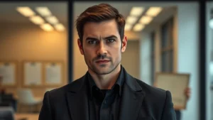 Professional male actor in detective role wearing dark blazer and badge, serious expression, modern office setting with legal documents visible, photorealistic professional headshot style