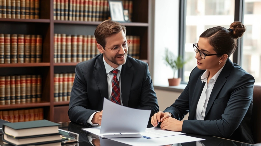 Professional legal consultation scene with attorney and client reviewing immigration documents in modern law office with law books visible