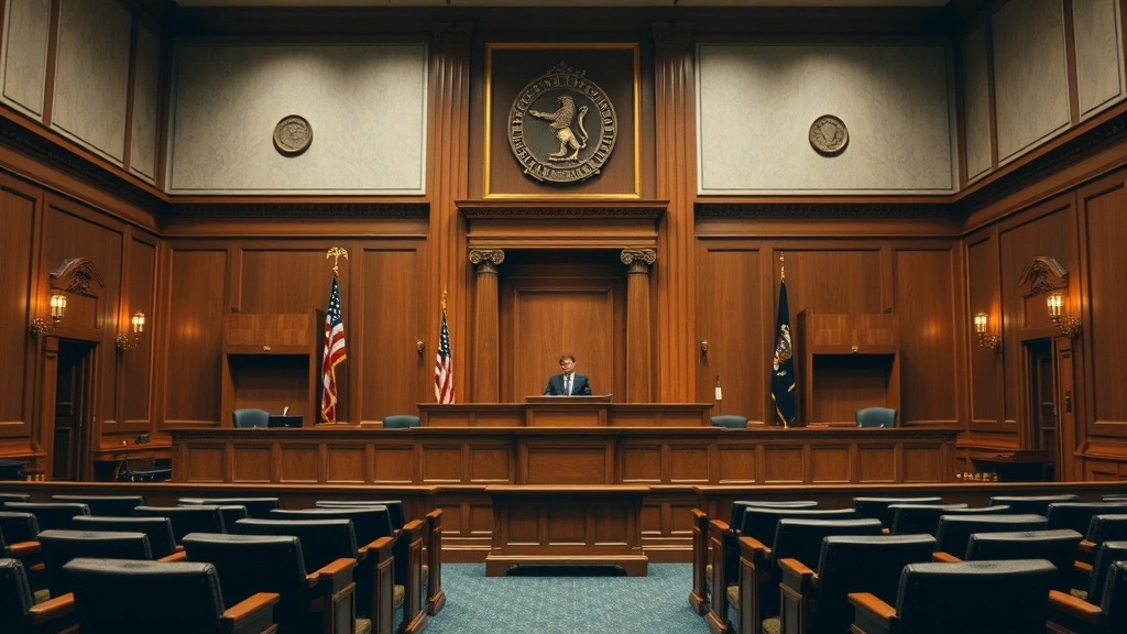 Courtroom interior with judge's bench, empty jury box, and judicial setting emphasizing constitutional law and federal court authority