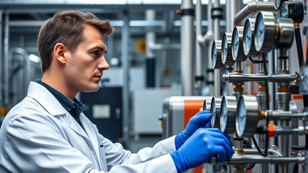 Professional chemist or engineer in laboratory coat examining pressure gauges and monitoring equipment in industrial facility, serious focused expression, modern scientific instrumentation, professional setting