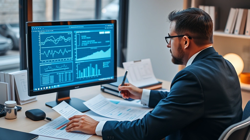 Lawyer reviewing technical documents and expert reports at desk with computer displaying scientific calculations and graphs, professional office environment, analytical expression