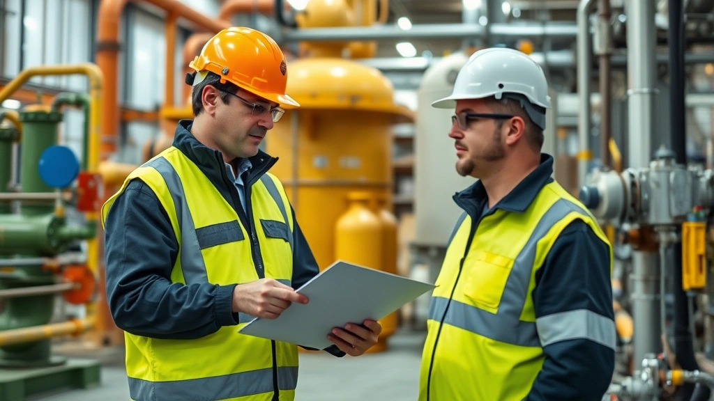 Regulatory inspector conducting safety inspection at industrial facility with hazardous gas storage systems, checking compliance documentation and monitoring equipment, professional safety attire