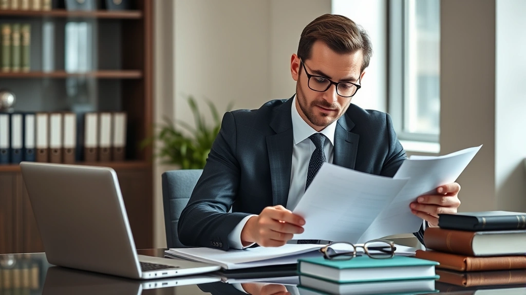 Professional male attorney in business suit reviewing legal documents at modern office desk with laptop and law books, confident expression, natural lighting from office window