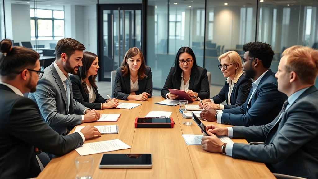Diverse team of attorneys in business attire collaborating around conference table with documents and tablets, discussing case strategy in modern law office with glass walls