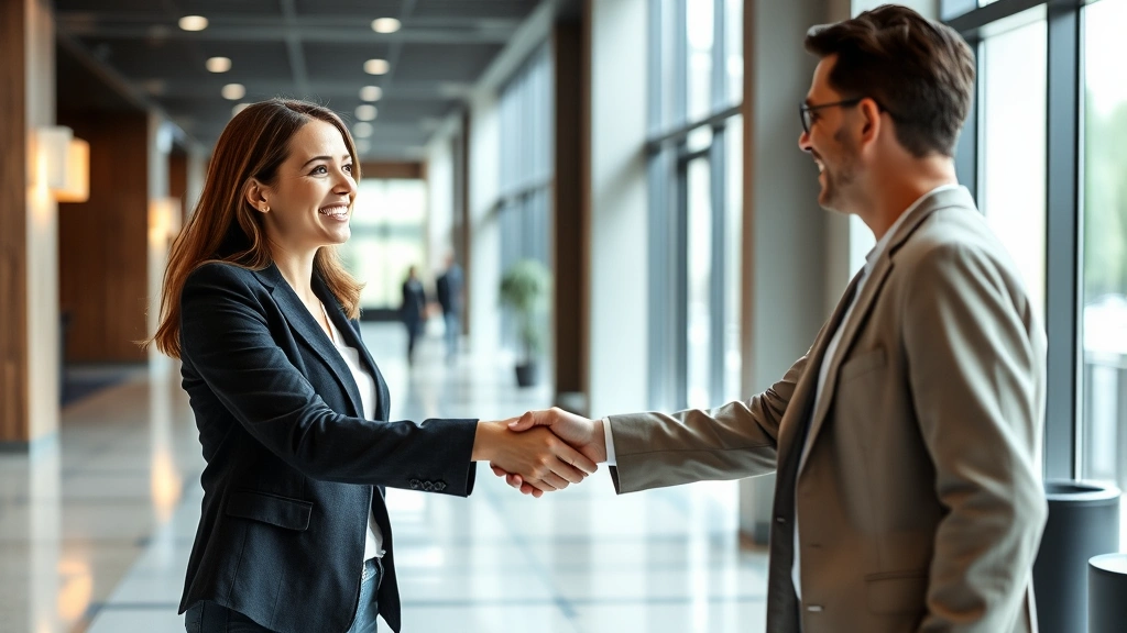 Female lawyer in professional blazer shaking hands with satisfied client in modern office lobby, both smiling, contemporary architectural setting with natural light