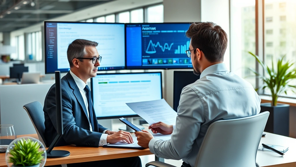 Professional lawyer in modern office working with digital screens and technology, analyzing legal documents on multiple monitors with contemporary workspace design, natural lighting