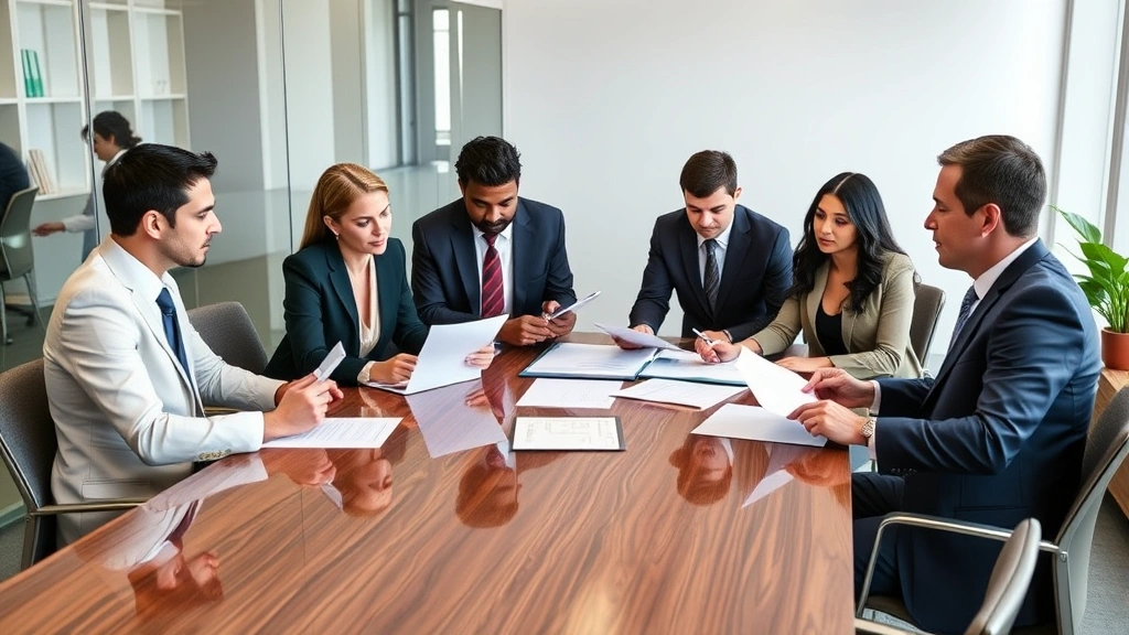 Diverse group of legal professionals collaborating around conference table, reviewing documents and discussing strategy, professional business attire, modern law office environment