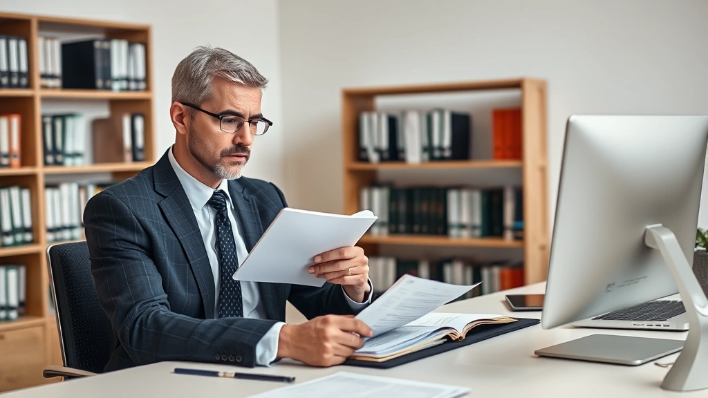 Legal professional using tablet and computer simultaneously, reviewing contracts and legal research, modern minimalist office setting with books and technology, focused expression
