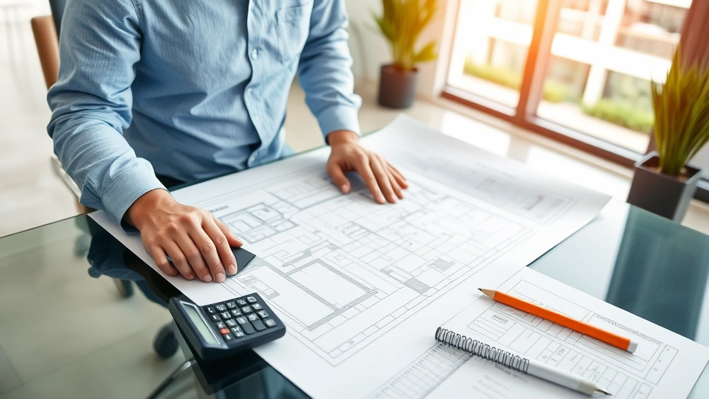 Professional architect reviewing building plans on a desk with blueprints, calculator, and design materials in a modern office setting