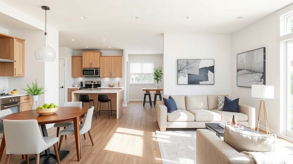 Interior view of a modern in-law suite showing separate kitchen, living area with contemporary furnishings and neutral decor, natural lighting