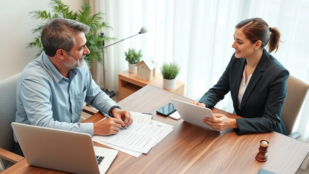Property owner meeting with insurance agent or legal advisor at a wooden desk with documents and laptop, professional office environment
