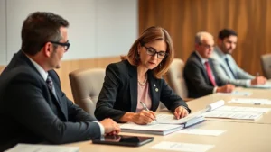 Professional female school superintendent sitting at large conference table with board members, serious expression, reviewing documents and taking notes during board meeting, natural office lighting, formal business attire