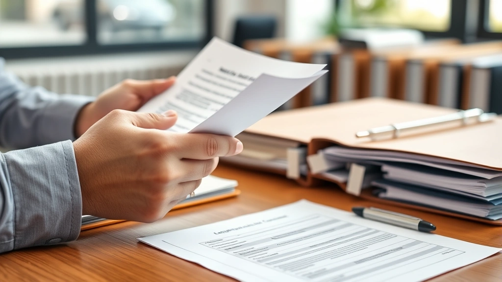 Close-up of hands holding official meeting minutes and documents, pen marking compliance checklist, organized file folders on wooden desk, professional office environment, daylight from window