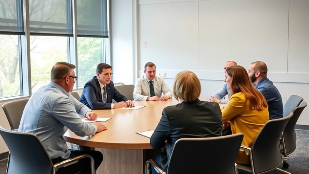 Diverse group of school board members in formal setting around conference table, engaged in serious discussion, one member speaking, others listening attentively, professional boardroom with windows showing trees outside