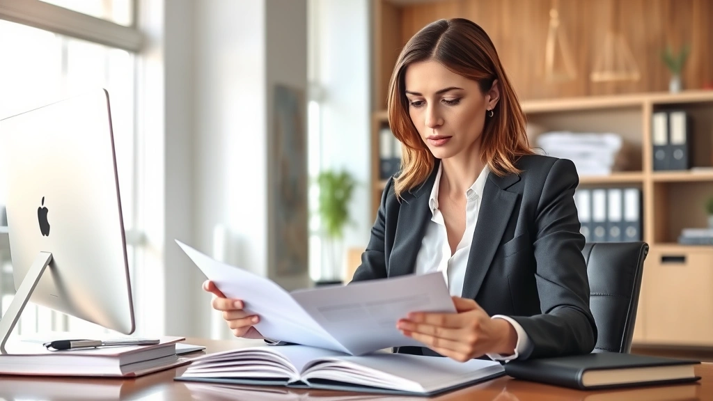 Professional female attorney in business suit reviewing legal documents at modern office desk with law books and computer, serious focused expression, natural lighting