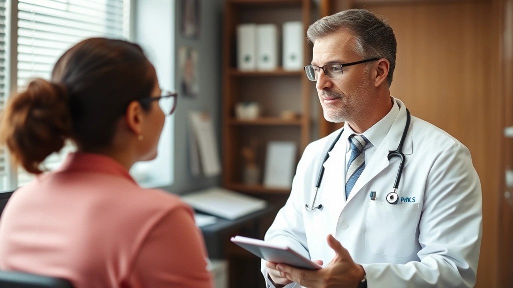 Male physician in white coat consulting with patient in clinical office setting, discussing healthcare options, professional medical environment with charts visible