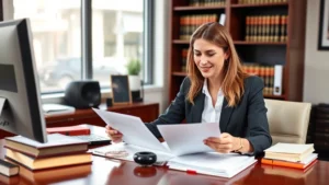 Professional female attorney in business attire reviewing legal documents at an organized desk with law books and computer monitor visible, Indianapolis office setting, natural lighting, confident expression