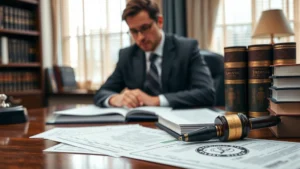 Professional legal office with law books and documents on desk, Indiana state seal visible, natural lighting, serious attorney in background reviewing case files