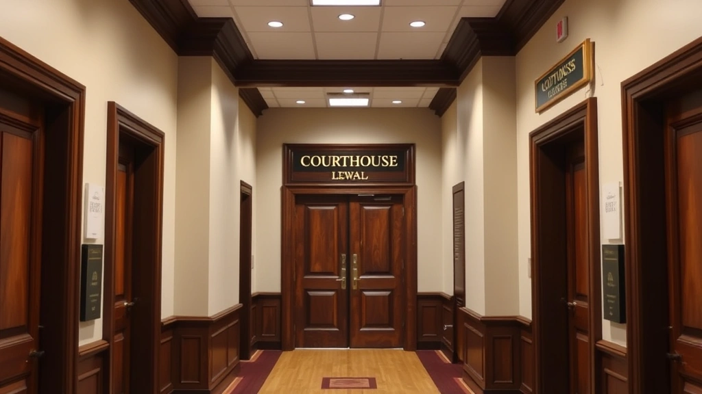 Courthouse interior hallway with wooden doors and legal signage, formal judicial architecture, professional and authoritative atmosphere, empty corridor