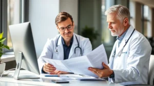 Professional healthcare provider in white coat reviewing medical charts and pain assessment documents at modern clinical desk with computer, natural office lighting, focused expression showing careful documentation review