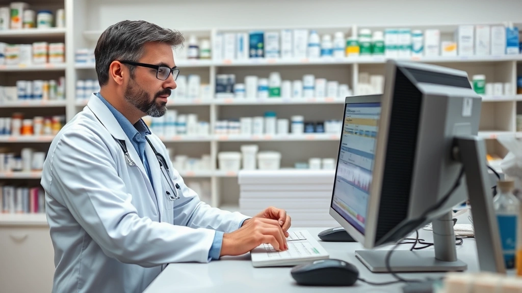 Pharmacist at pharmacy counter reviewing prescription information on computer system, organized medication shelves in background, professional healthcare setting, careful attention to detail