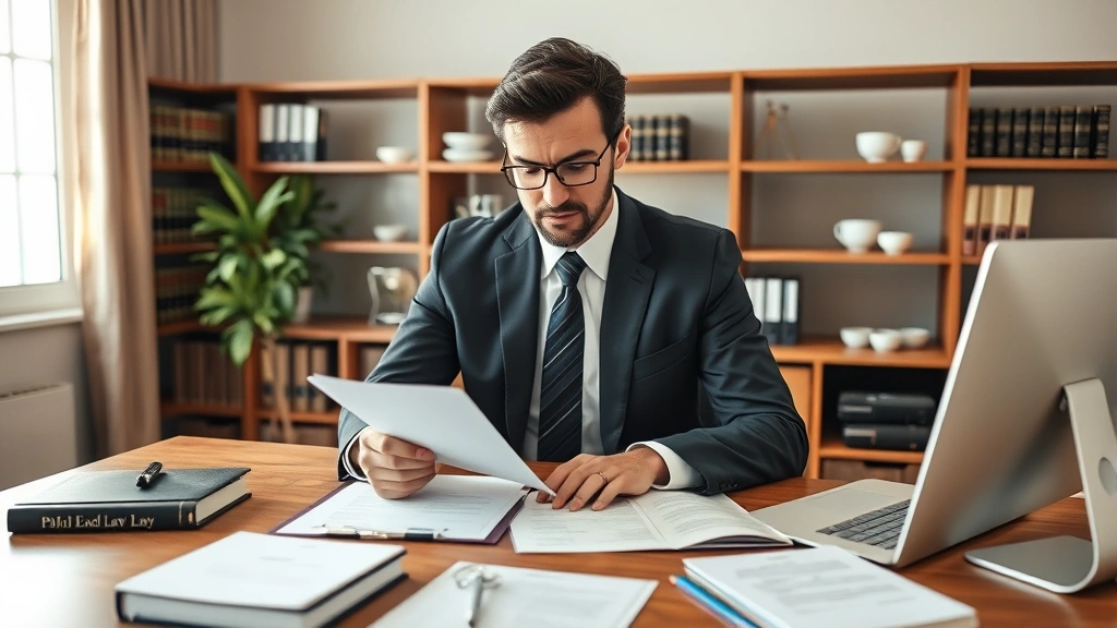 Professional lawyer in business attire reviewing legal documents at wooden desk with law books and computer, serious focused expression, modern law office setting with natural lighting