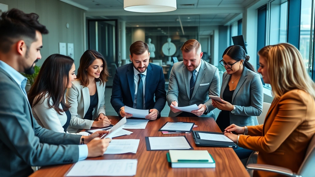 Diverse group of business professionals in conference room reviewing contracts and legal paperwork together, collaborative atmosphere with tablets and documents on table, professional office environment