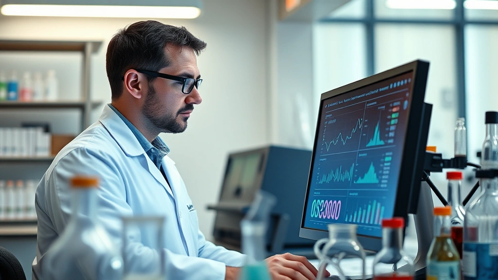 Professional chemist analyzing reaction data on computer screen in modern laboratory setting with beakers and equipment, serious focused expression, soft laboratory lighting