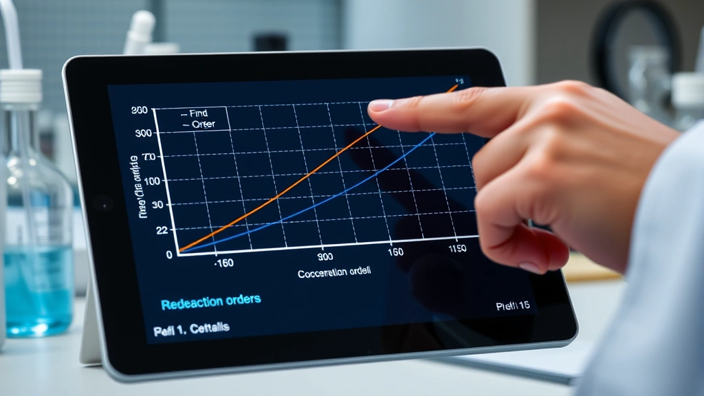 Close-up of scientific graph showing concentration versus time curves for different reaction orders, displayed on tablet with chemist's hand pointing, professional environment