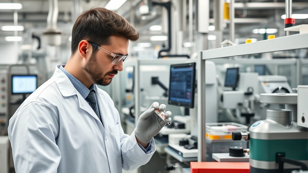 Pharmaceutical manufacturing facility with quality control technician examining sample in controlled environment, modern equipment and monitors visible, professional attire