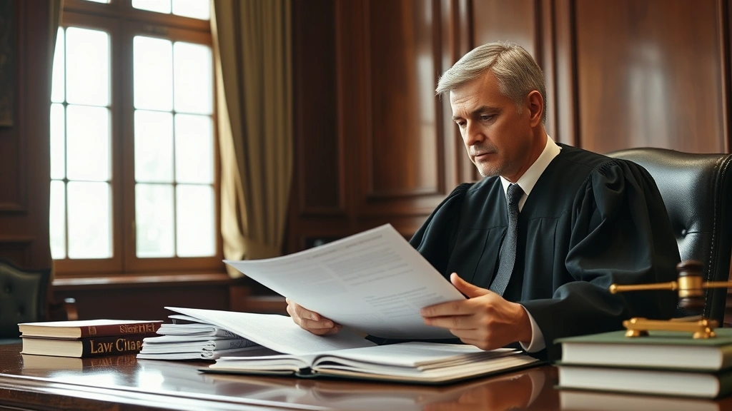 Professional judge in chambers reviewing legal documents and case files, contemplative expression, wooden desk with law books visible, natural window lighting, serious legal atmosphere